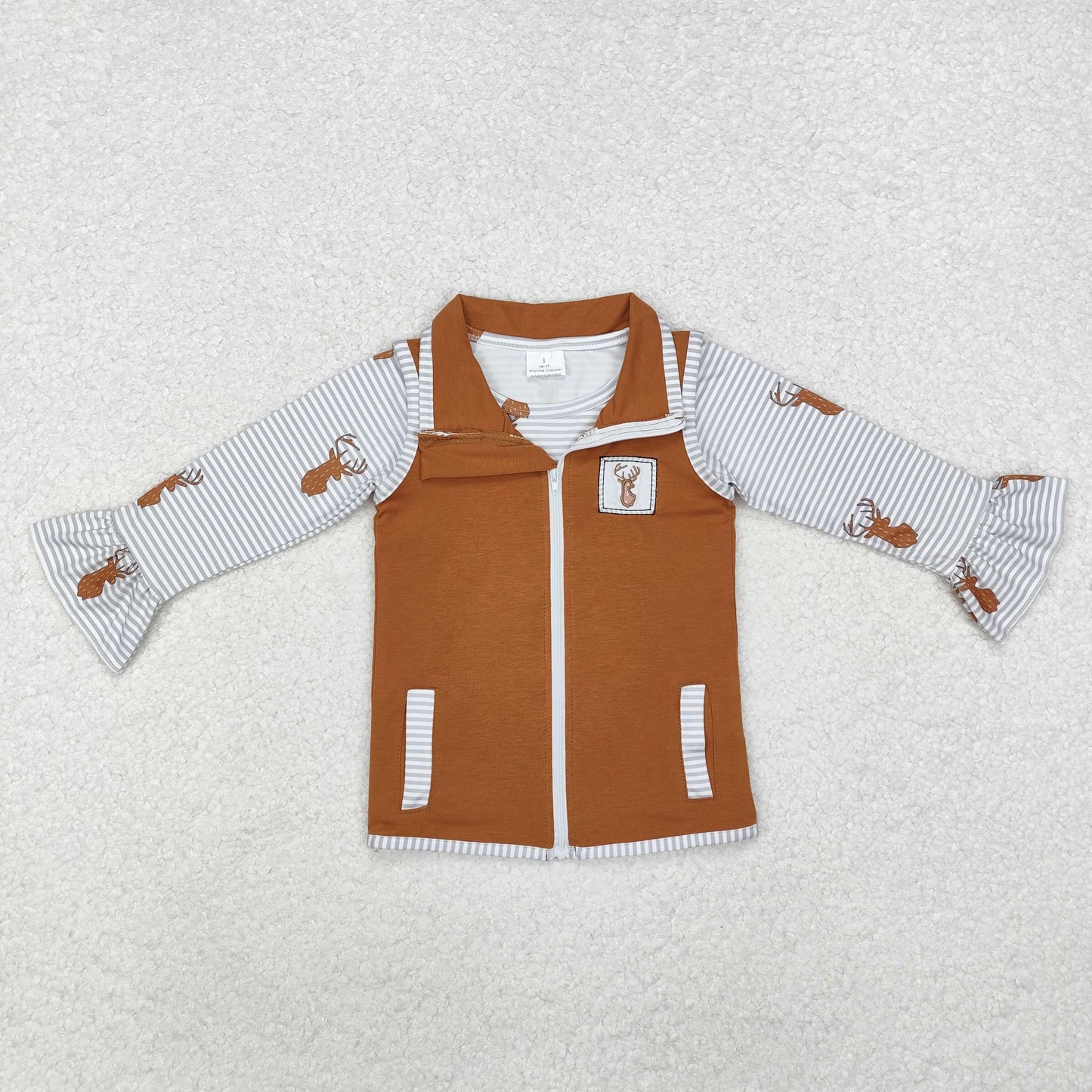 GT0742 Deer Embroidery Brown Vest Girls 2 Pieces Tops