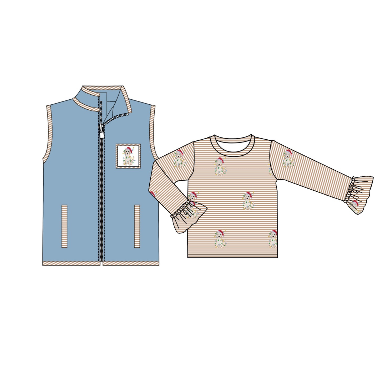 (Pre-order)GT0744 Dog Lights Stripes Vest Girls Christmas 2 Pieces Tops