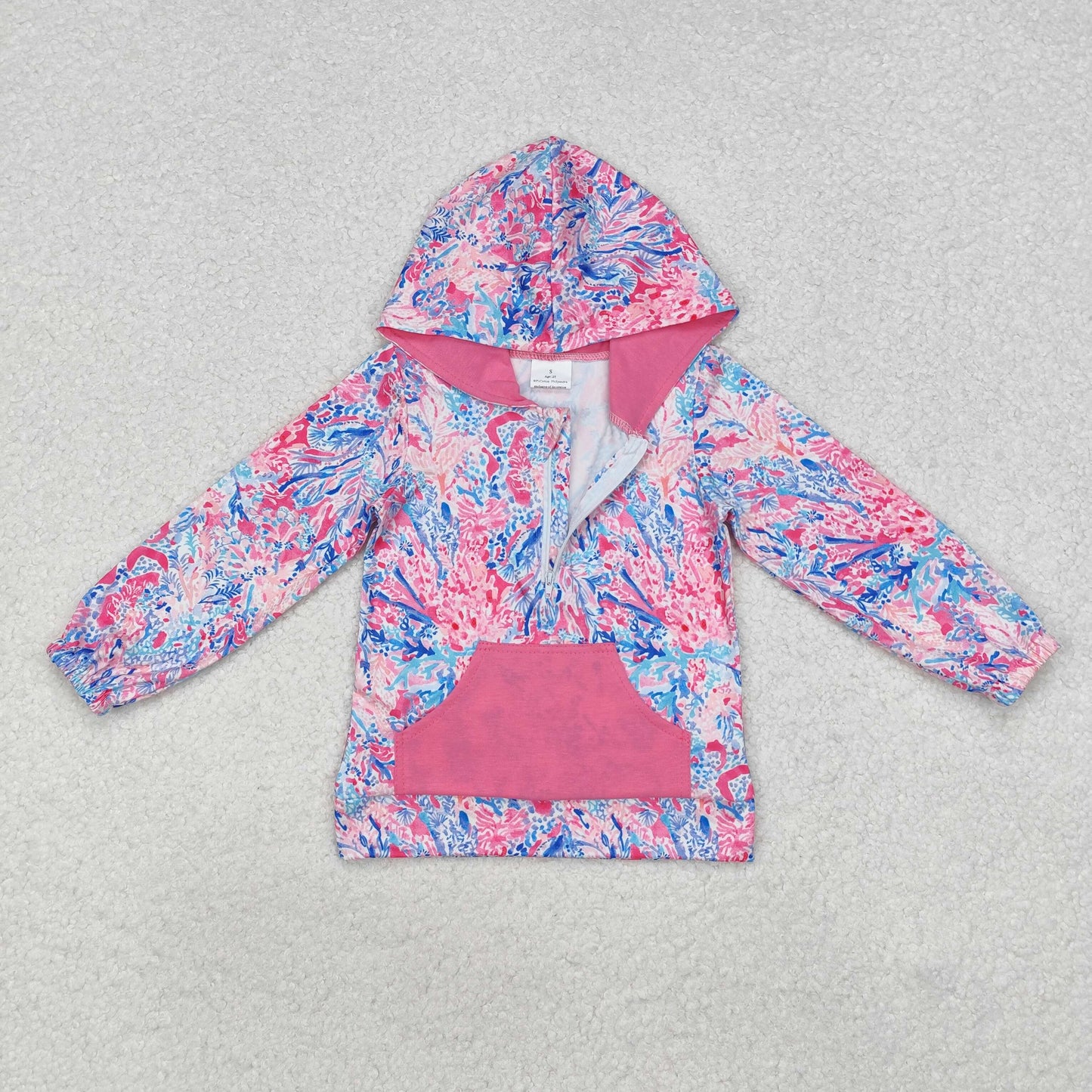 GT0745 Hotpink Seaweed Print Pocket Girls Hoodie Zipper Tee Shirts Top
