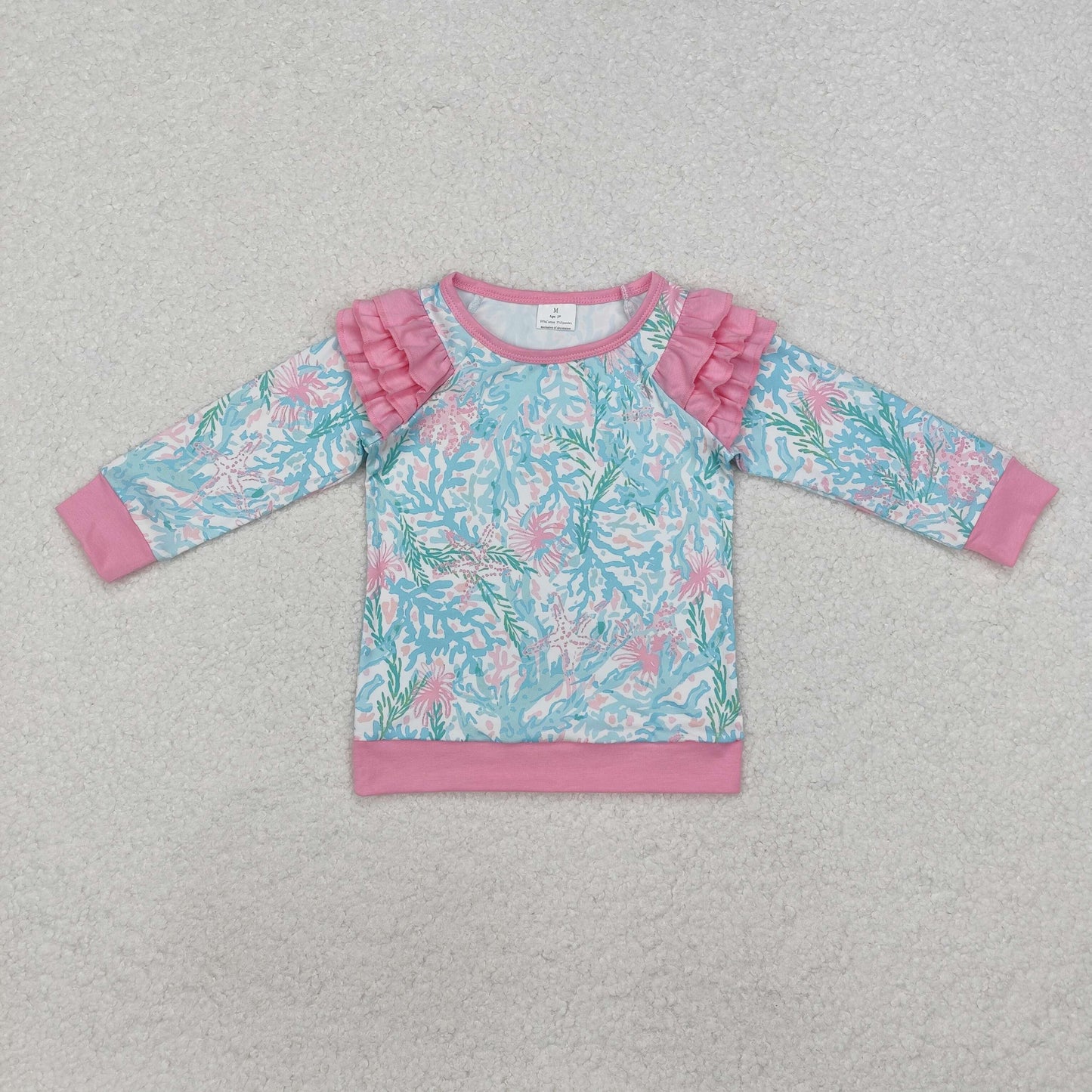 GT0763 Seaweed Flowers Pink Blue Print Girls Fall Tee Shirts Top