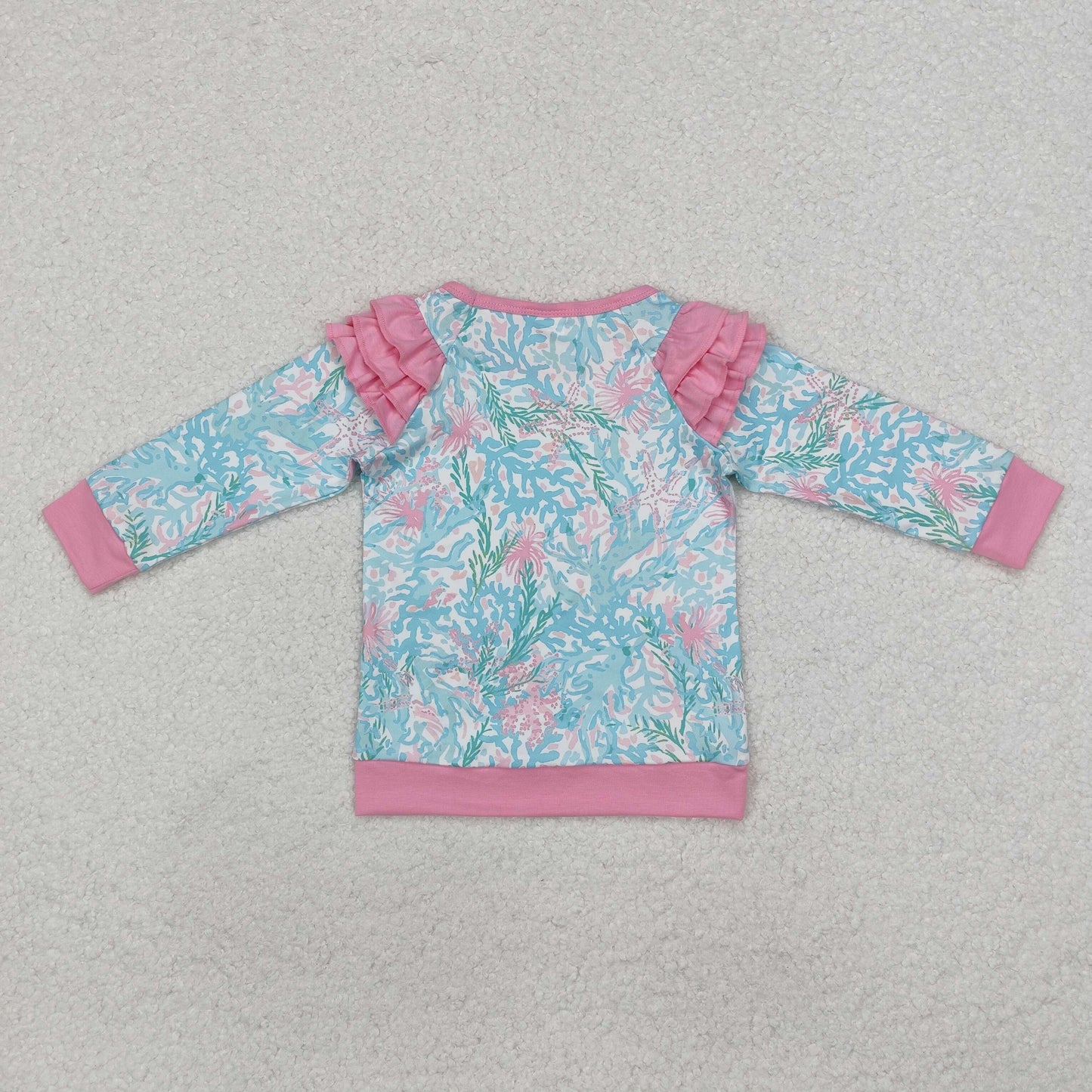 GT0763 Seaweed Flowers Pink Blue Print Girls Fall Tee Shirts Top
