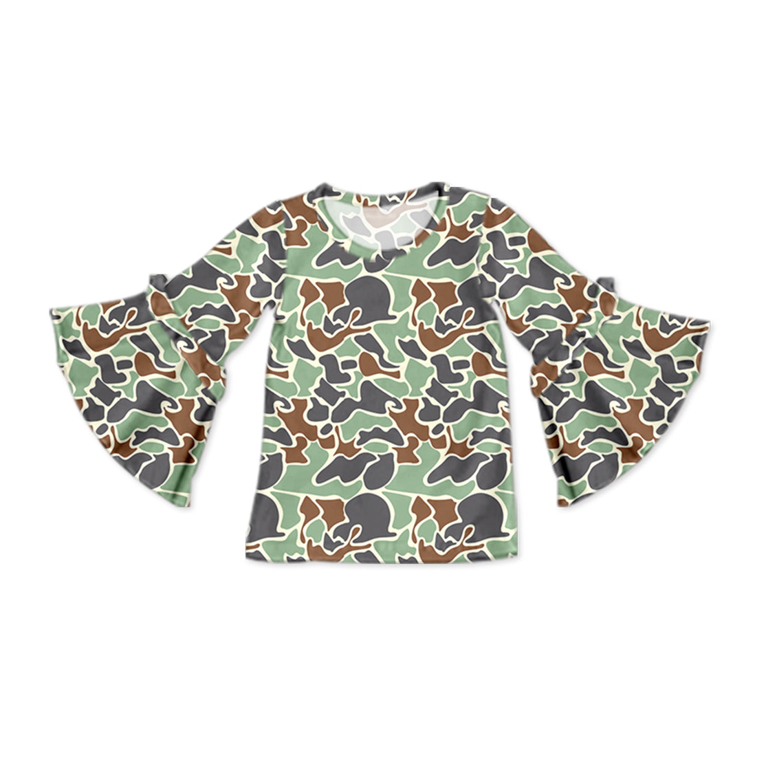 (Pre-order)GT0790 Green Camo Print Girls Flare Sleeve Tee Shirts Top