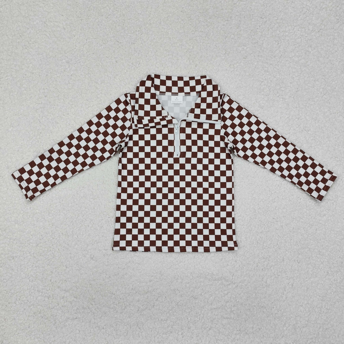 GT0793 Brown Plaid Print Girls Pullover Zipper Top