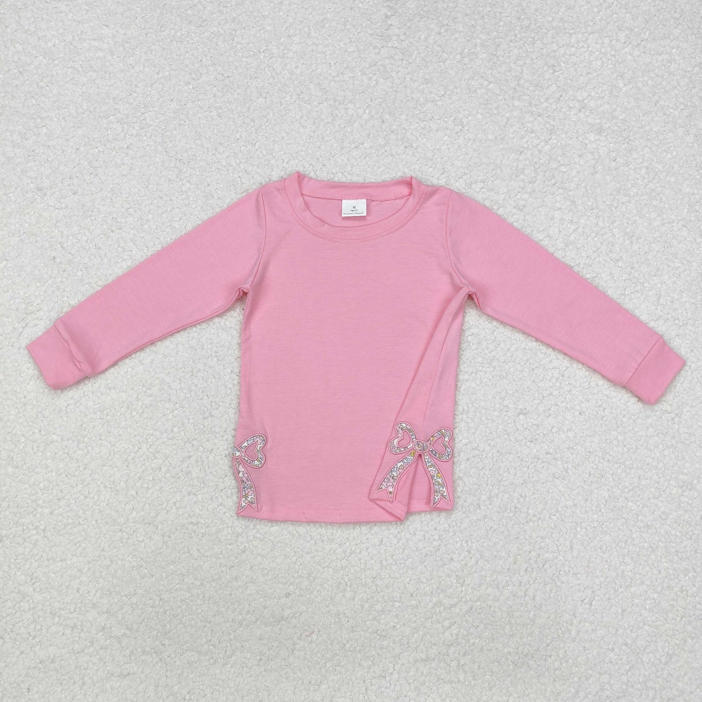 GT0872 Flowers Bow Embroidery Pink Girls Long Sleeve Tee Shirts Top