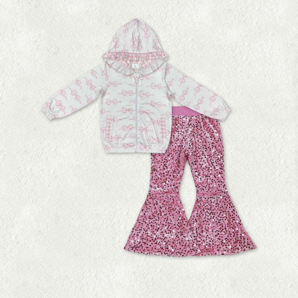 GT0873+D5-27 Pink Bows Hoodie Top Pink Sequin Bell Pants Girls Clothes Sets