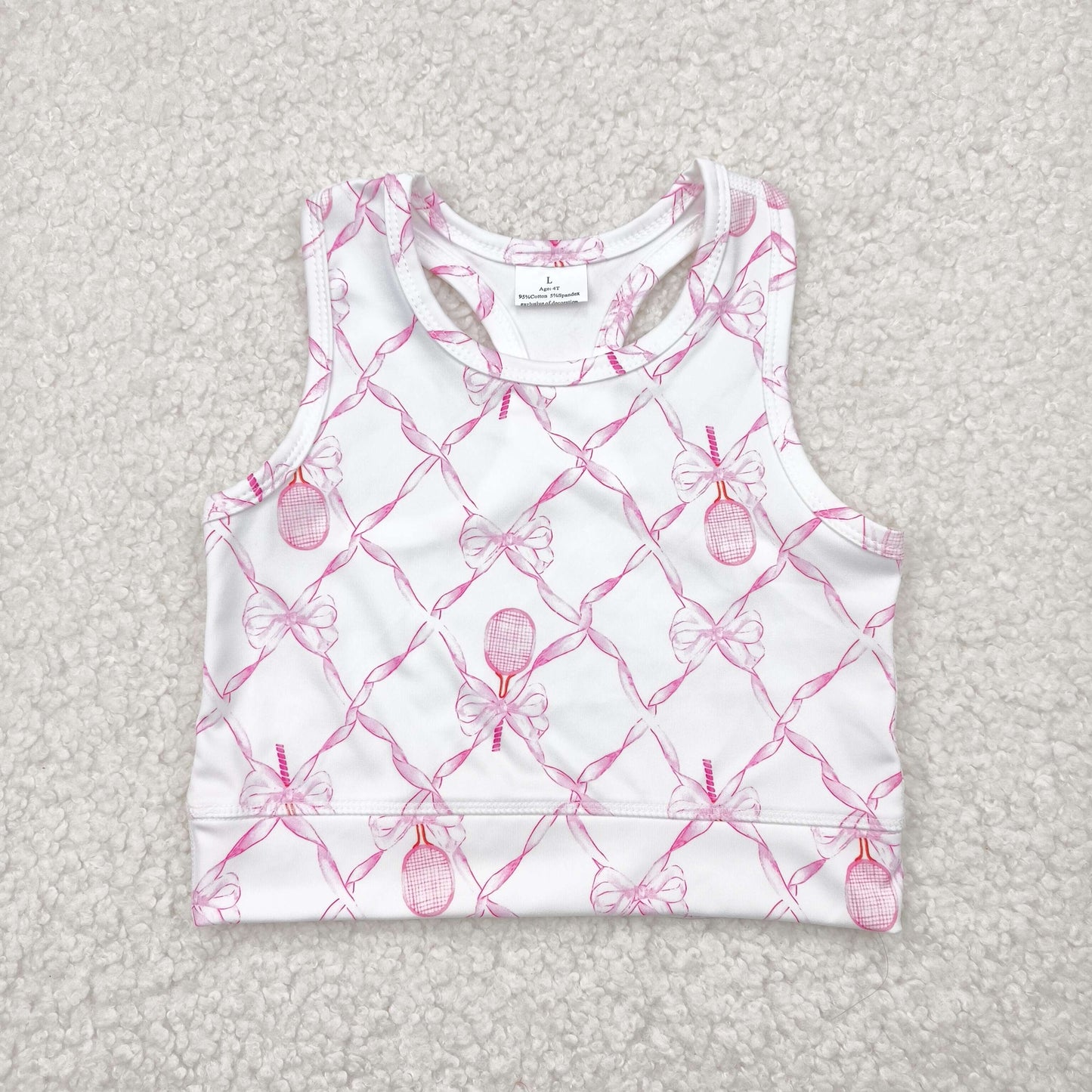 GT0883 Pink Tennis Bows Print Girls Yoga Tank Top