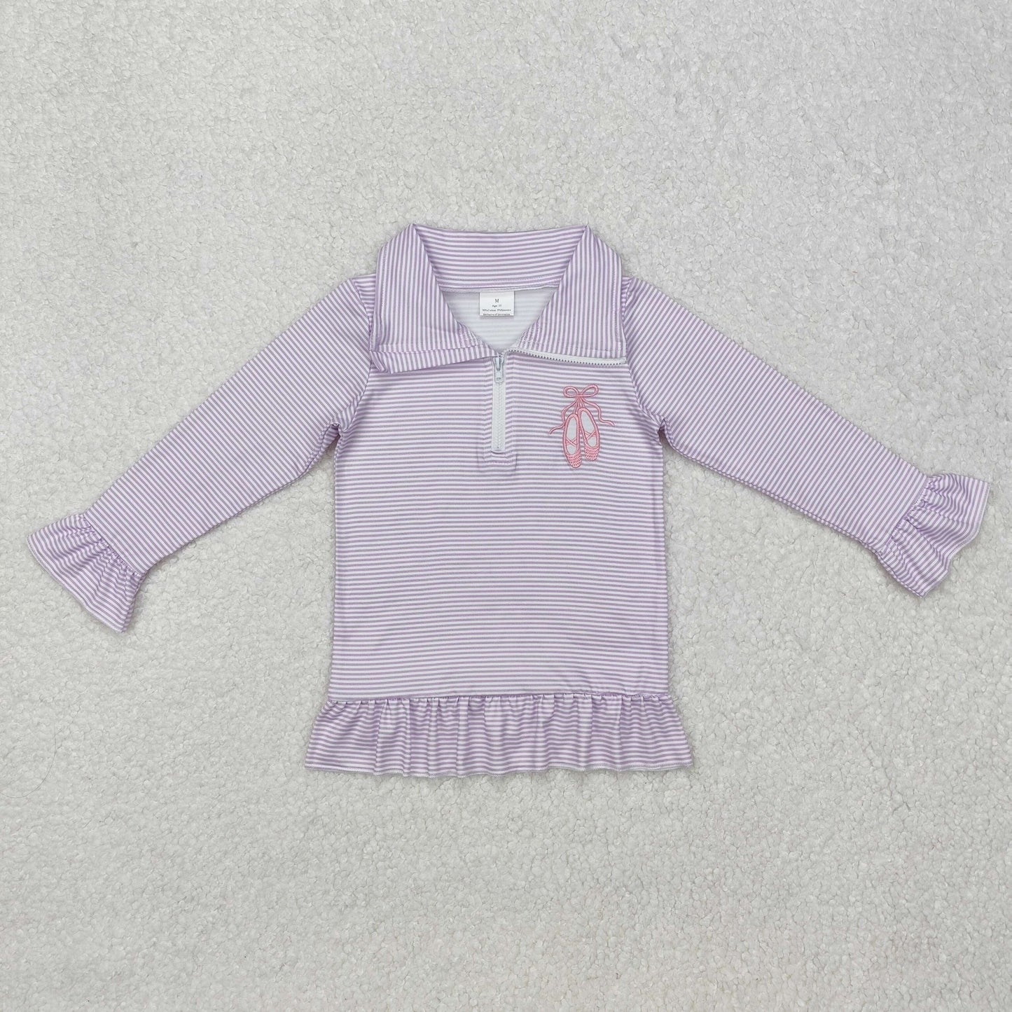 GT0887 Ballet Embroidery Purple Stripes Print Girls Zipper Pullover Tee Shirts Top