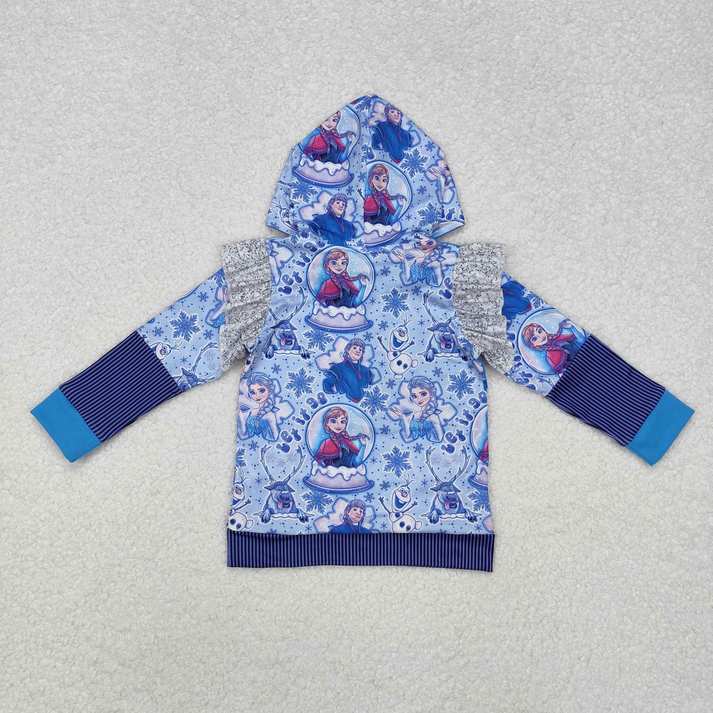 GT0890 Cartoon Princess Blue Print Girls Long Sleeve Hoodie Pocket Top