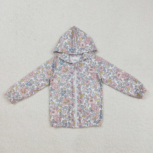 GT0914 Pink Flowers Print Girls Zipper Jackets Hoodie Top