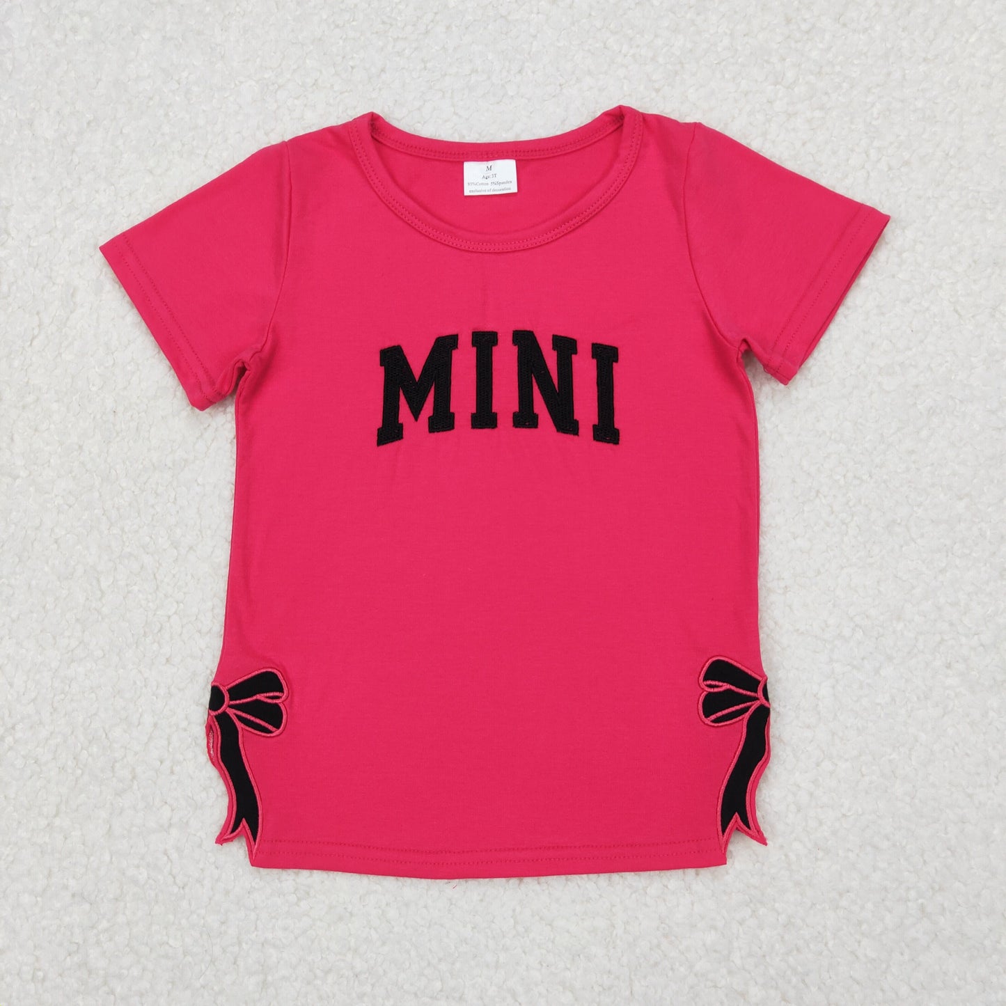Mom and Me Black Bow Embroidery Hot Pink Summer Short Sleeve Tee Shirts Top
