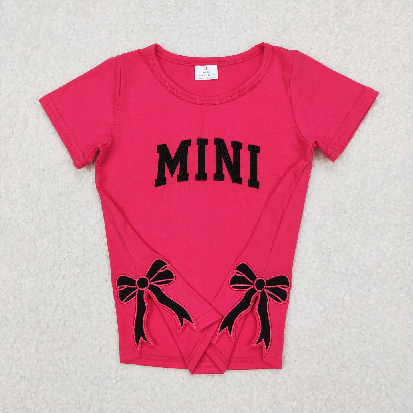 Mom and Me Black Bow Embroidery Hot Pink Summer Short Sleeve Tee Shirts Top