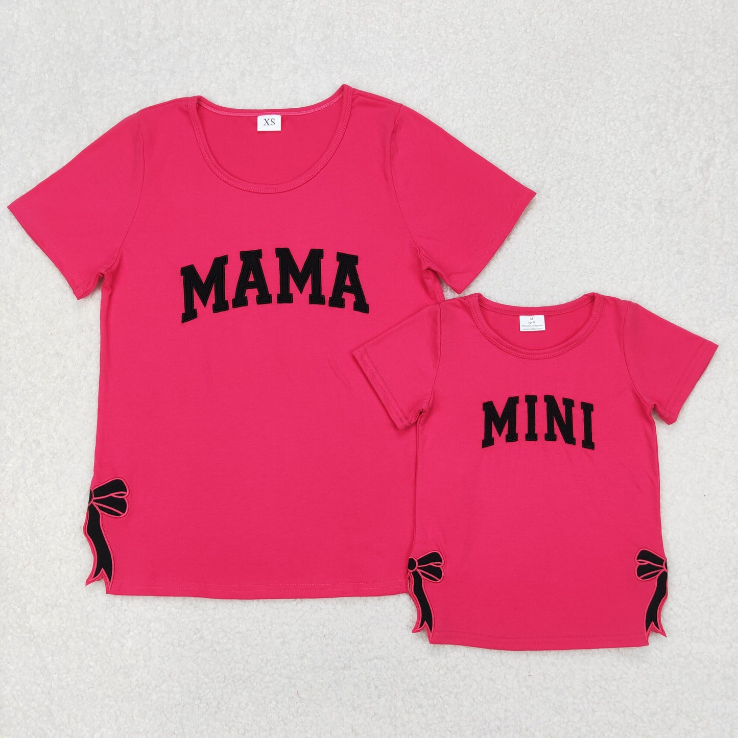 Mom and Me Black Bow Embroidery Hot Pink Summer Short Sleeve Tee Shirts Top