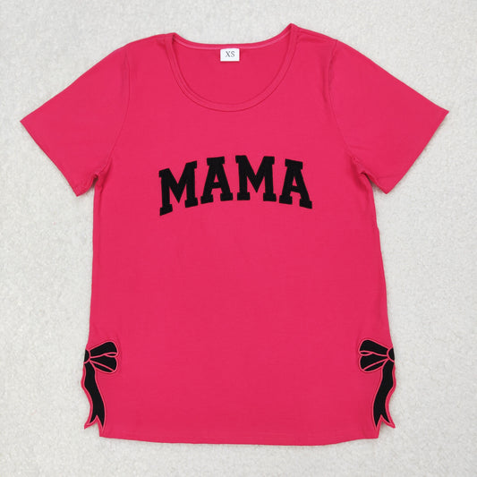 GT0919 Adult Black Bow Embroidery Hot Pink Woman Short Sleeve Tee Shirts Top