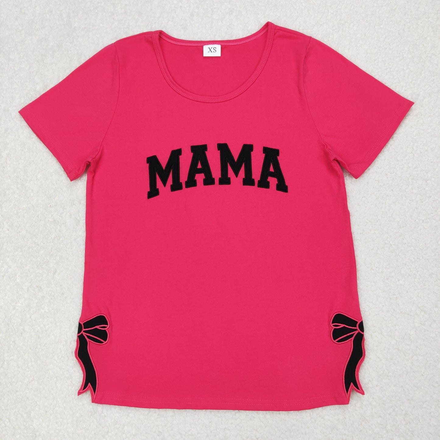 Mom and Me Black Bow Embroidery Hot Pink Summer Short Sleeve Tee Shirts Top