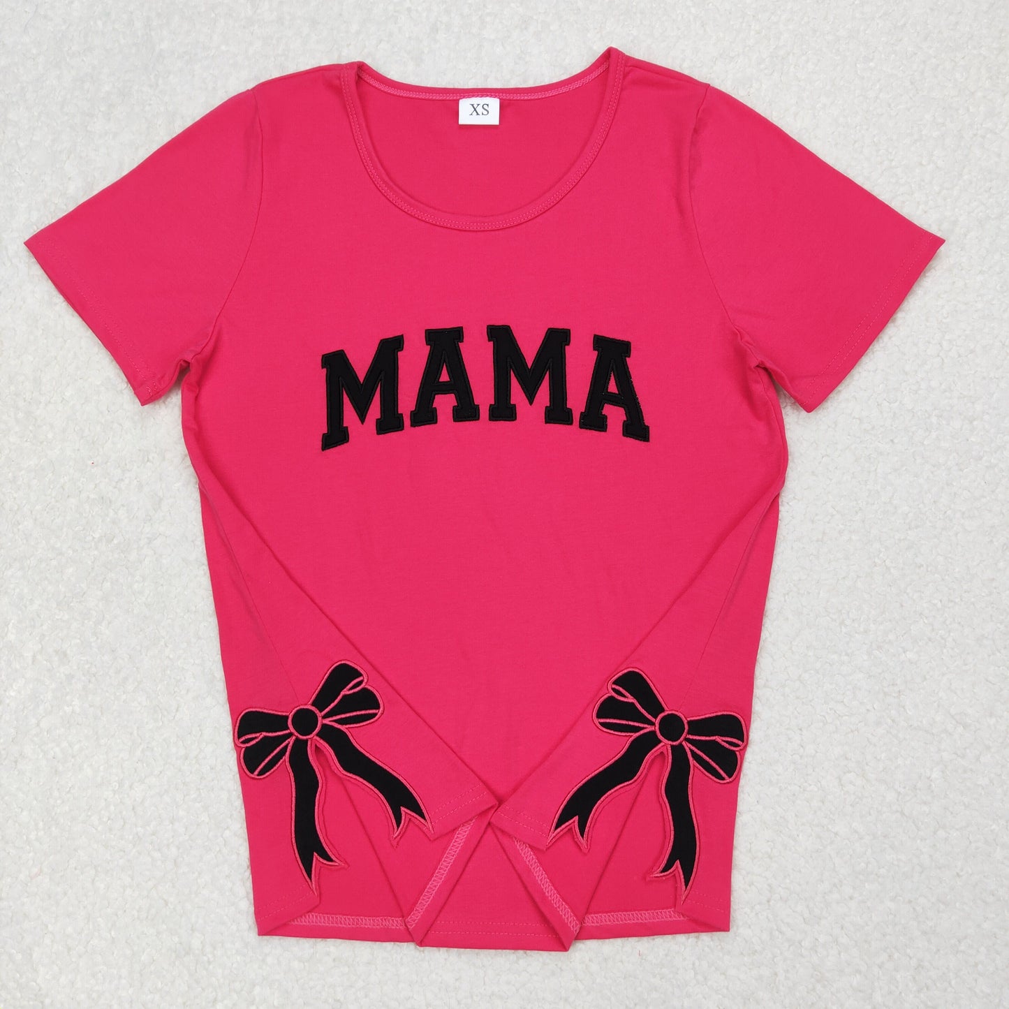 GT0919 Adult Black Bow Embroidery Hot Pink Woman Short Sleeve Tee Shirts Top