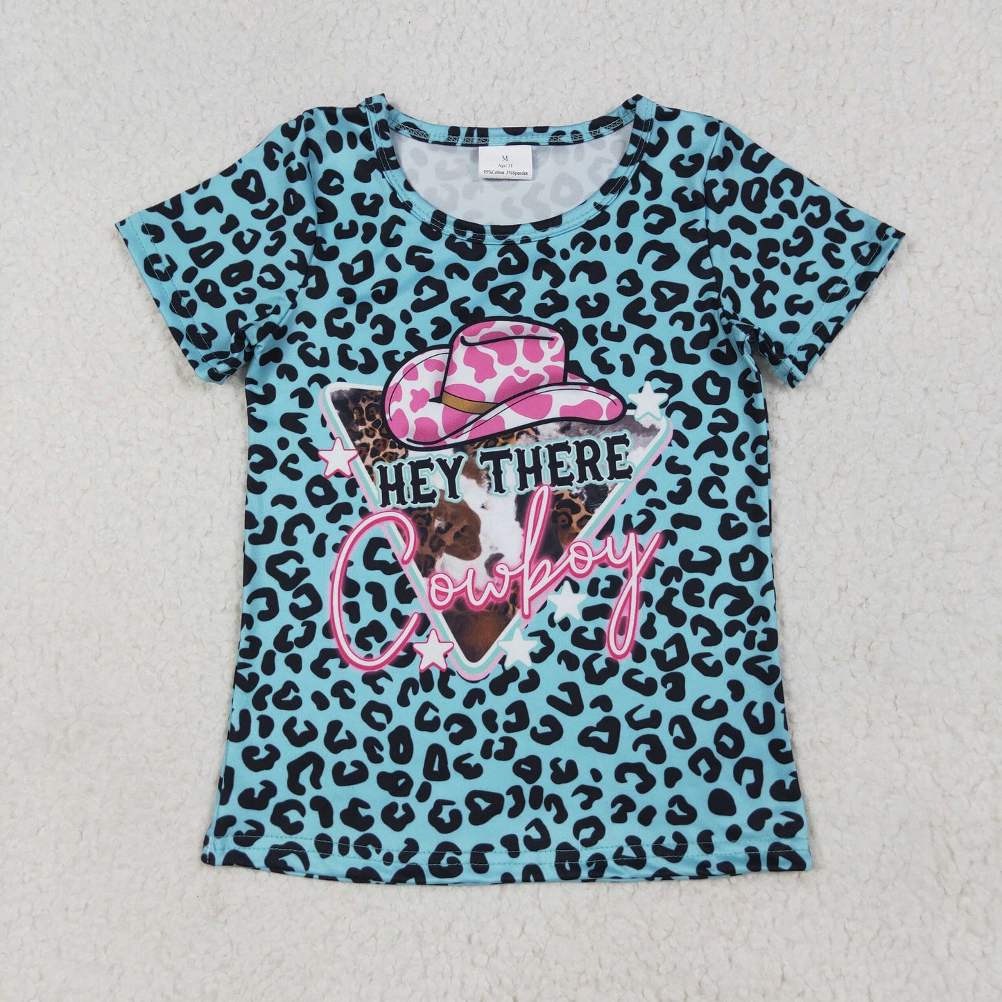 GT0934 Cowboy Blue Leopard Print Girls Short Sleeve Tee Shirts Top