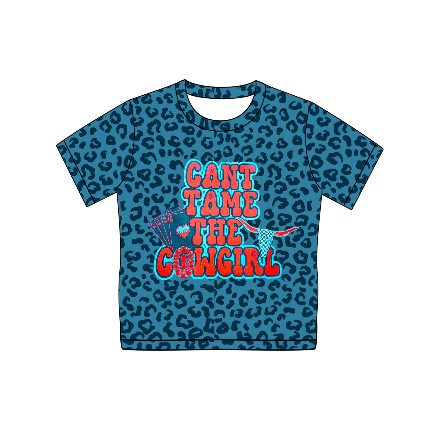 (Pre-order)GT0935 Cowgirl Blue Leopard Print Girls Short Sleeve Tee Shirts Top