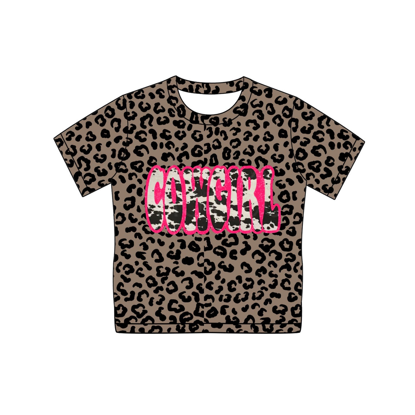 (Pre-order)GT0936 Cowgirl Leopard Print Girls Short Sleeve Tee Shirts Top