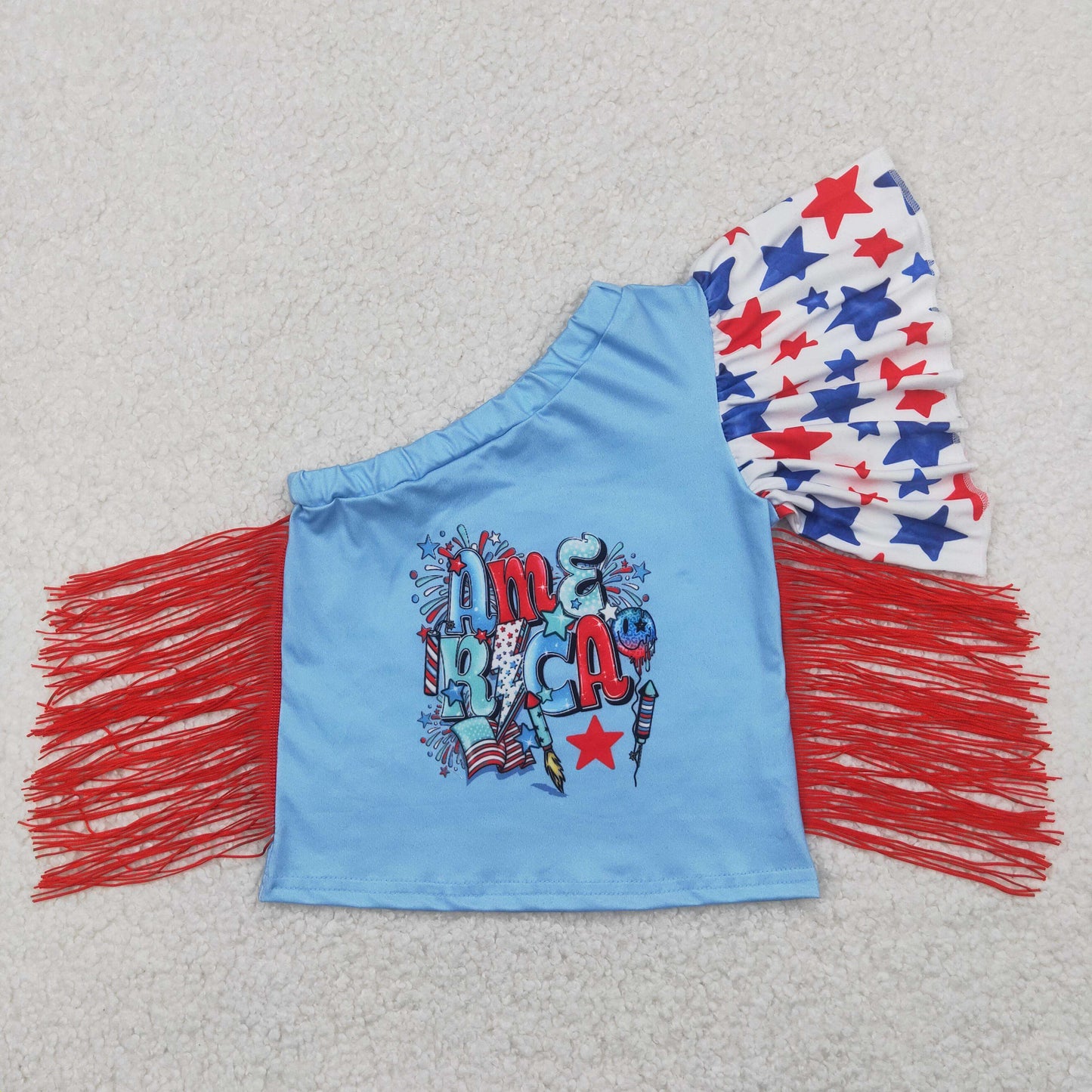 GT0942 America Stars Print Girls One Shoulder Sleeve Tassels 4th of July Top