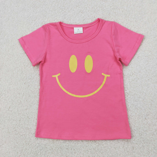GT0959 Smiling Face Vinyl Hot Pink Girls Summer Tee Shirts Top