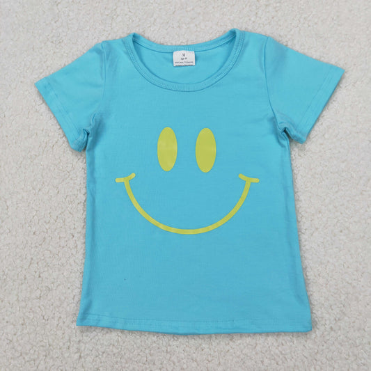 GT0960 Smiling Face Vinyl Blue Girls Summer Tee Shirts Top