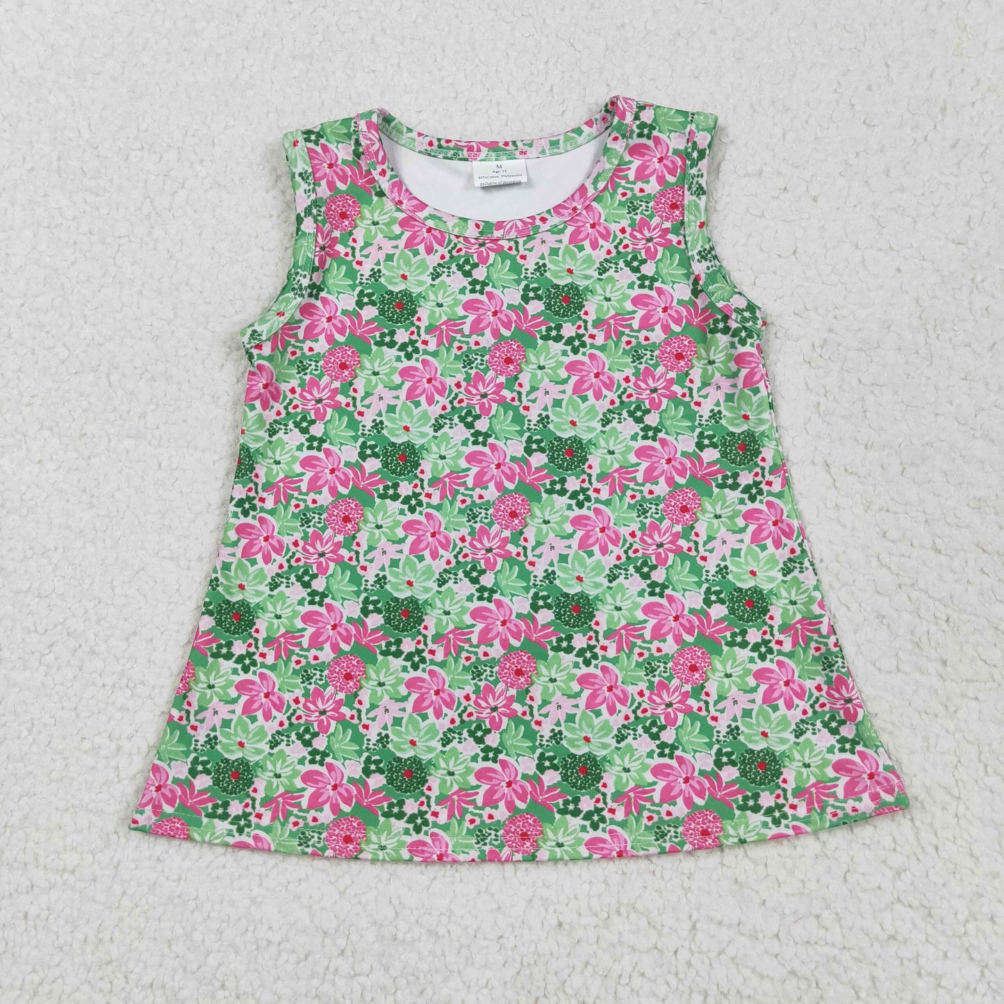 GT1015 Pink Green Flowers Girls Summer Yoga Vest Top