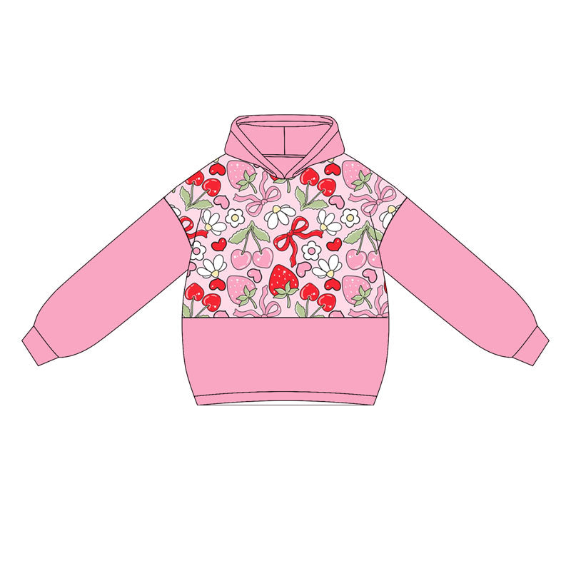 (Pre-order)GT1032 Strawberry Flowers Print Girls Long Sleeve Hoodie Top