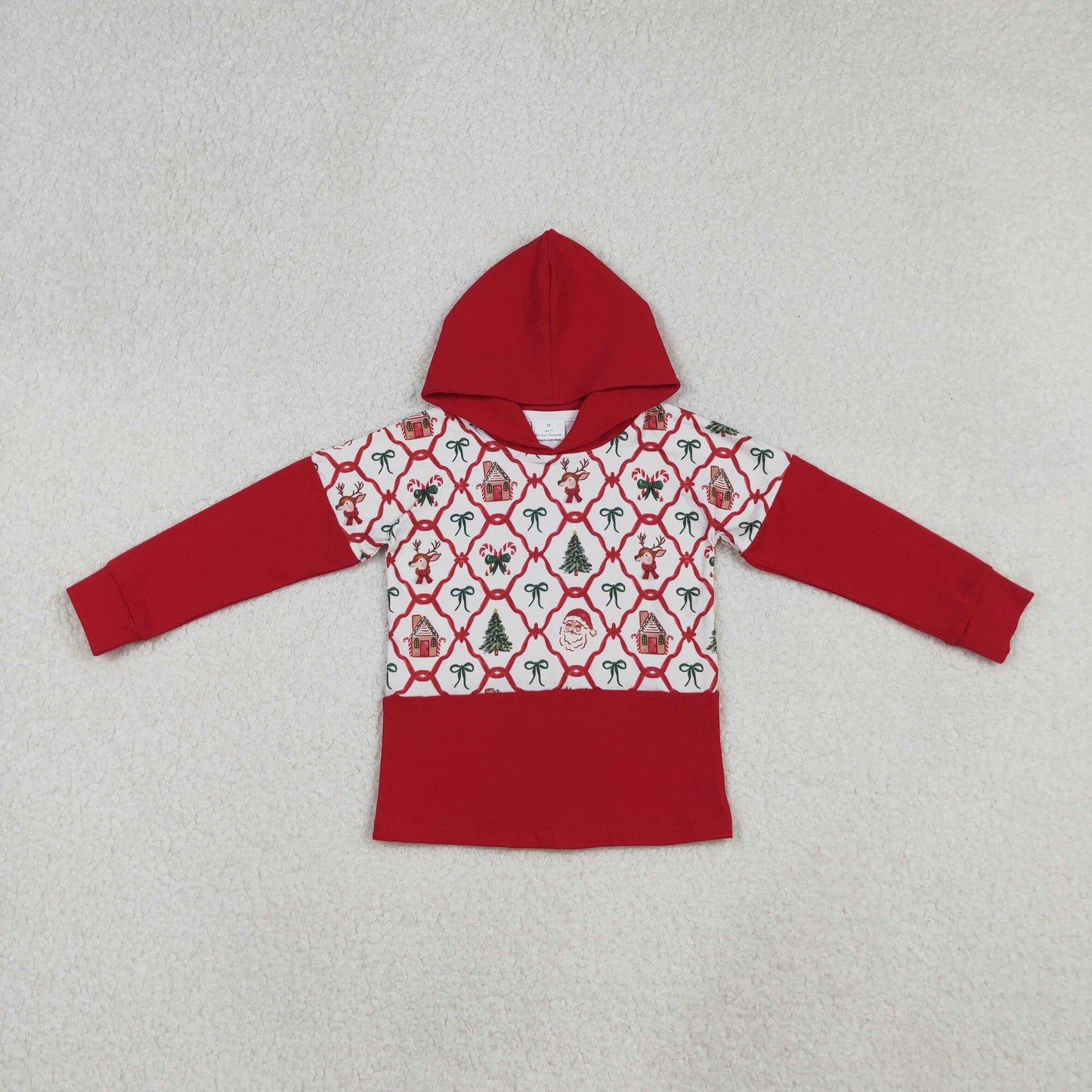 GT1042 Santa Bows Red Print Girls Christmas Hoodie Tee Shirts Top