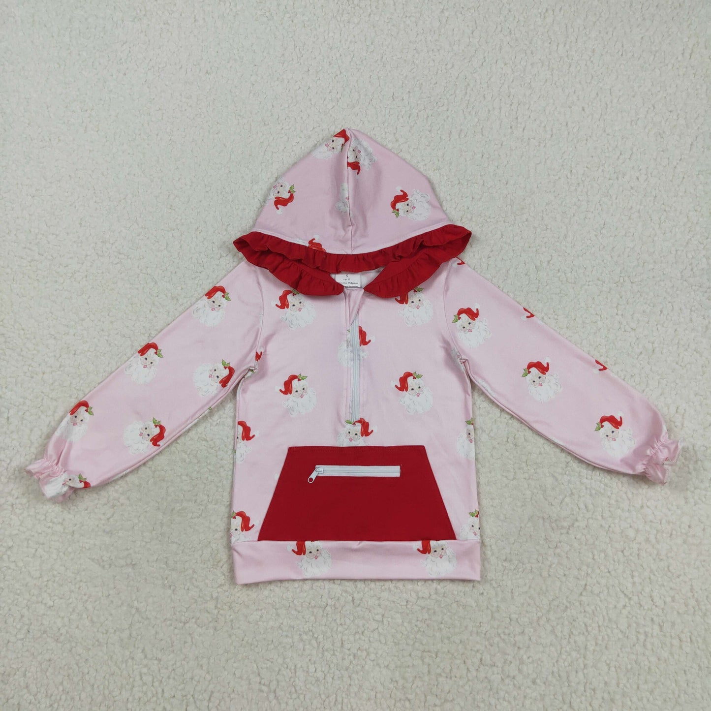 GT1047 Santa Pink Print Girls Christmas Hoodie Pockets Top