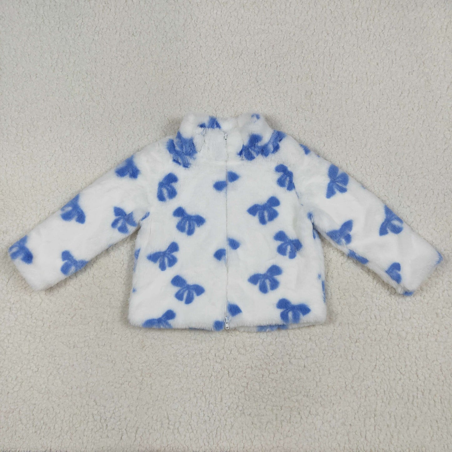 USA-Shop GT1049 Blue Bows White Print Zip Winter Thick Pullover Girls Sherpa Top