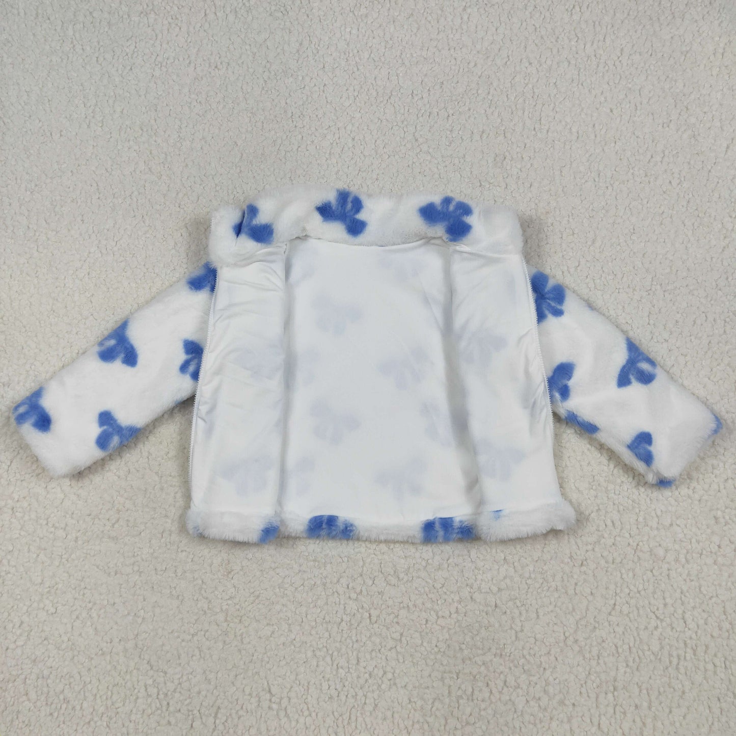 USA-Shop GT1049 Blue Bows White Print Zip Winter Thick Pullover Girls Sherpa Top