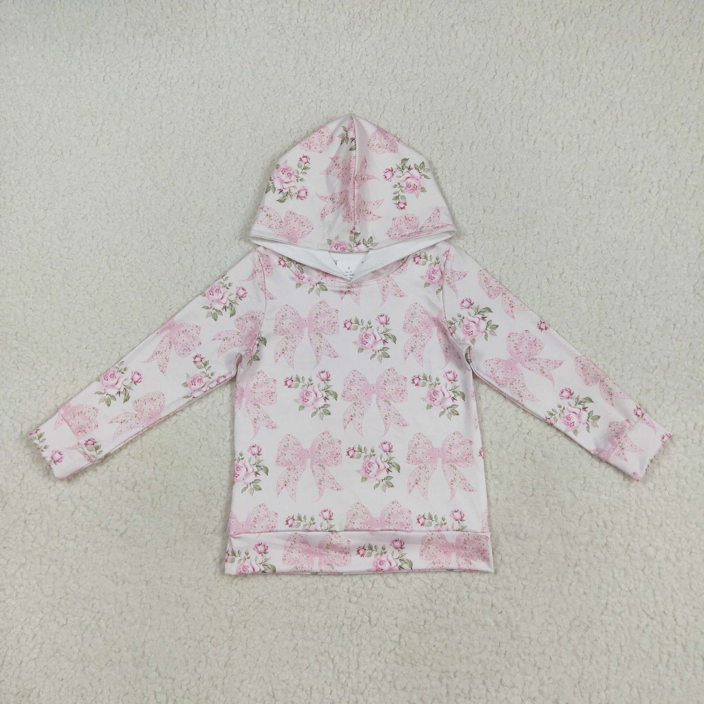 GT1058 Flowers Pink Bows Print Girls Long Sleeve Hoodie Top