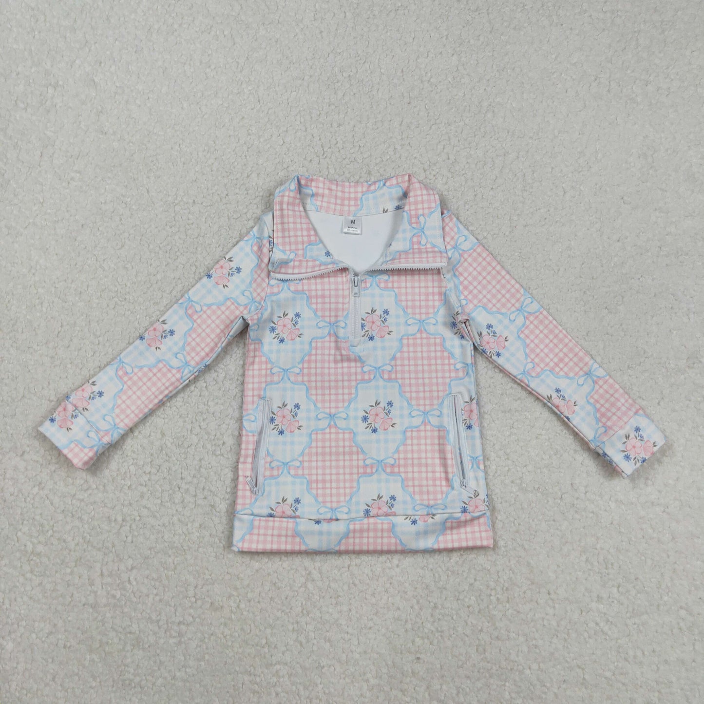 GT1062 Small Flowers Plaid Print Girls Yoga Zipper Pullover Top