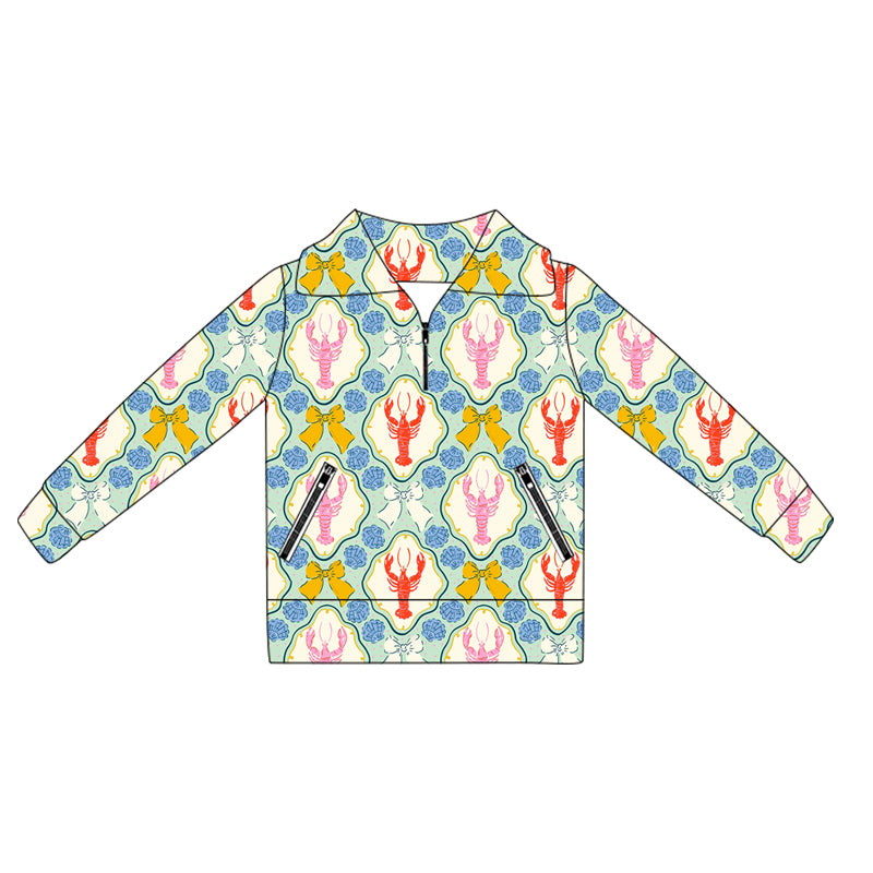 (Pre-order)GT1063 Crayfish Bows Shell Print Girls Yoga Zipper Pullover Top