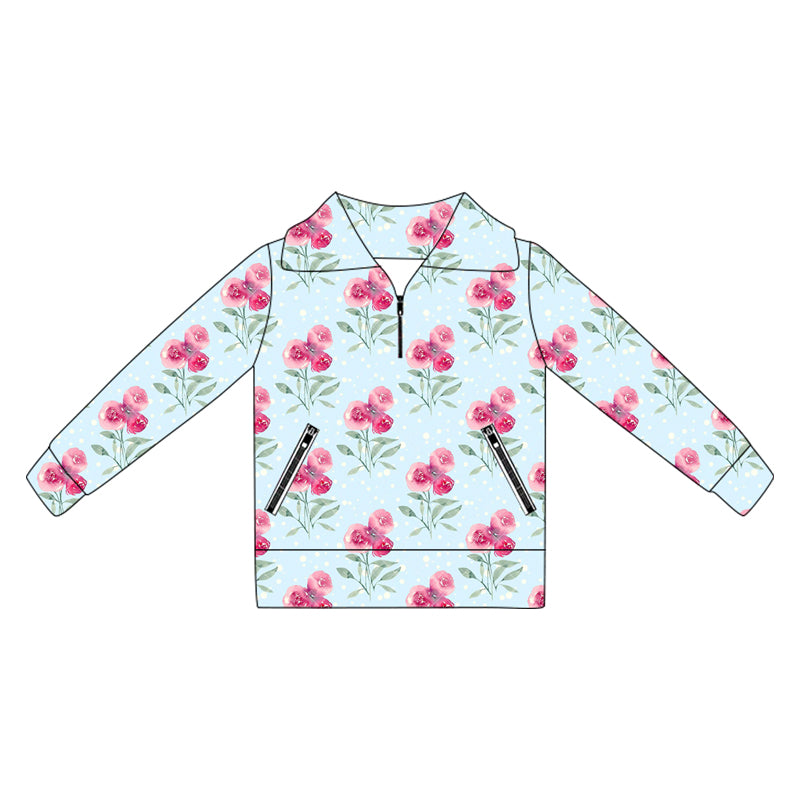 (Pre-order)GT1066 Pink Flowers Blue Print Girls Yoga Zipper Pullover Top