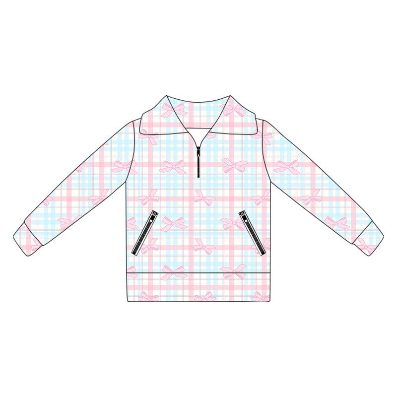 (Pre-order)GT1067 Pink Bows Plaid Girls Yoga Zipper Pullover Top