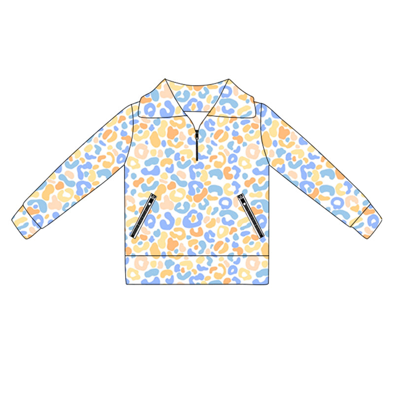 (Pre-order)GT1069 Blue Yellow Leopard Girls Yoga Zipper Pullover Top