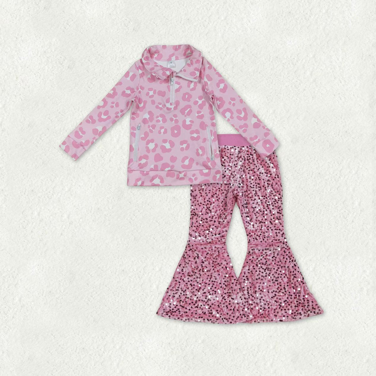 GT1070+D5-27 Pink Leopard Zipper Top Pink Sequin Bell Pants Girls Clothes Sets