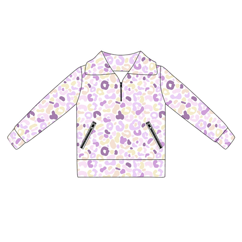 (Pre-order)GT1073 Purple Leopard Girls Yoga Zipper Pullover Top