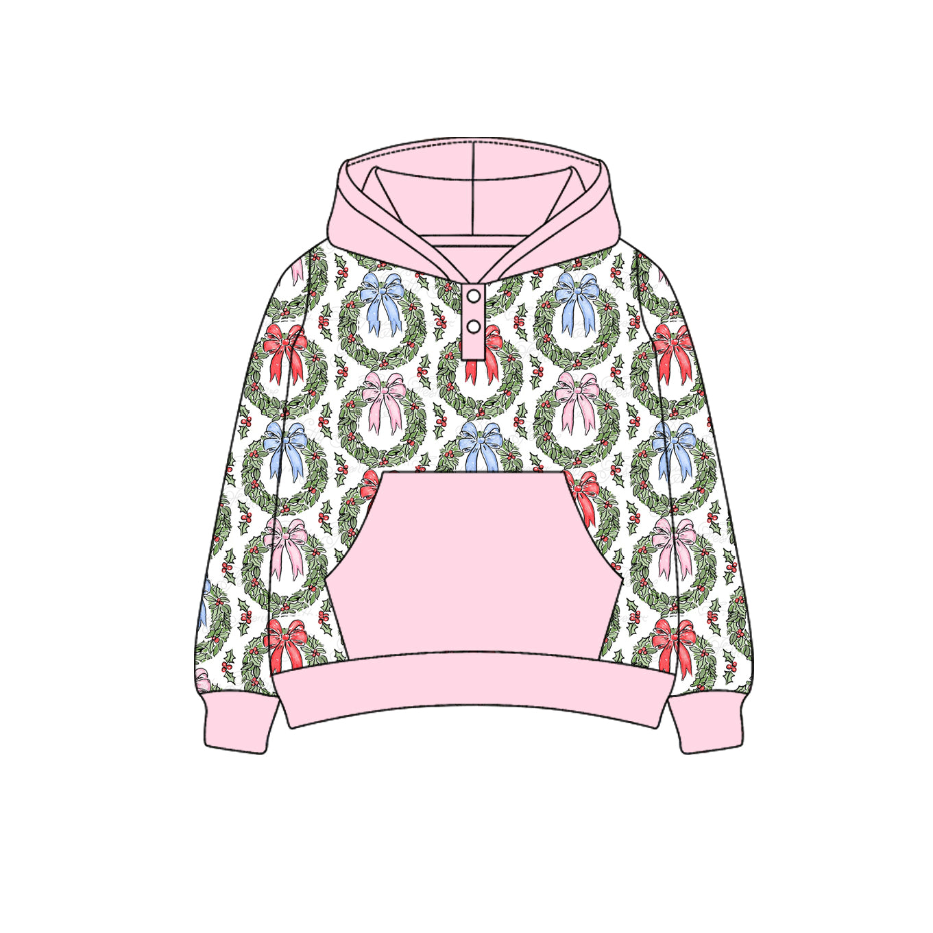 (Pre-order)GT1085 Santa Candy Cane Holly Print Girls Christmas Hoodie Top