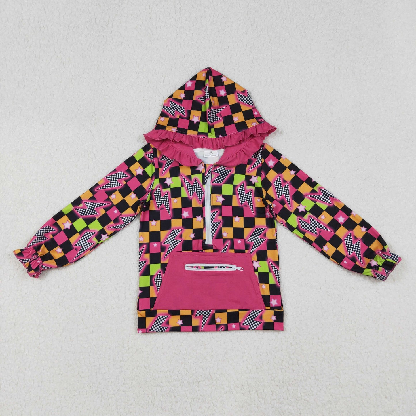 GT1117 Flash Plaid Hot Pink Print Girls Fall Hoodie Zipper Top