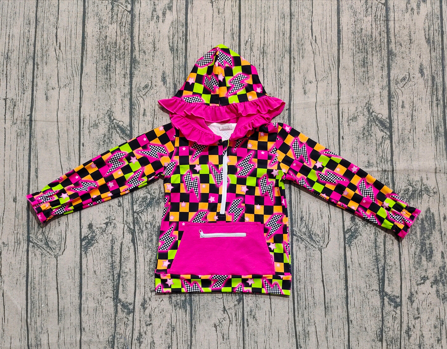 (Pre-order)GT1117 Flash Plaid Print Girls Fall Hoodie Zipper Top