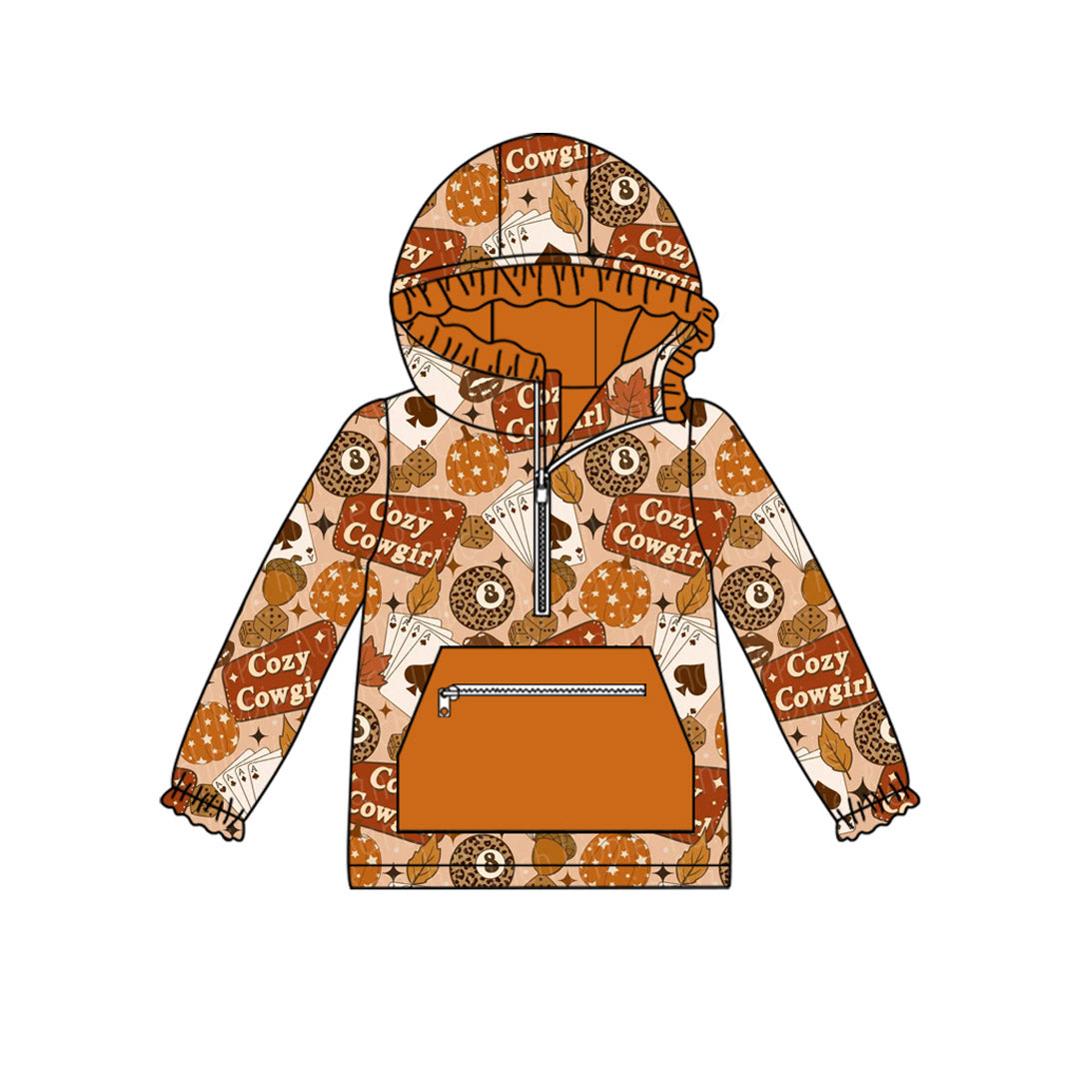 (Pre-order)GT1120 Cozy Cowgirl Pumpkin Print Girls Fall Hoodie Zipper Top