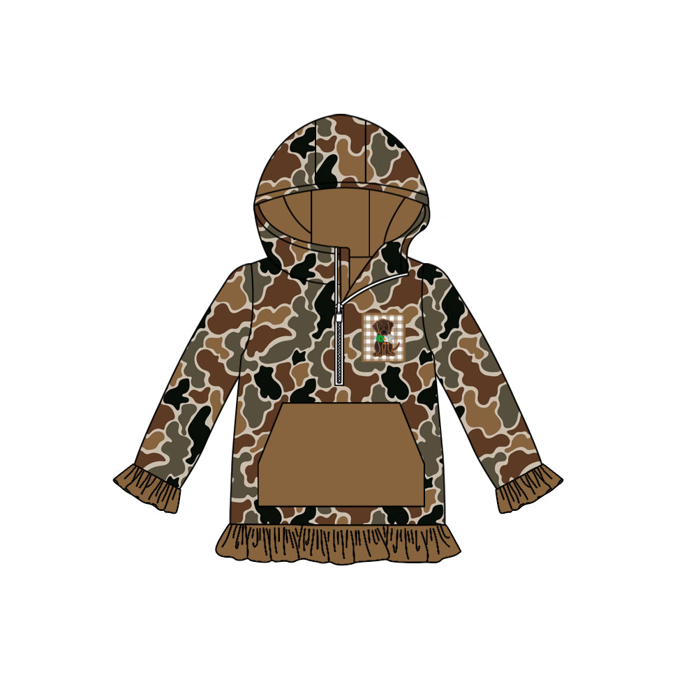 (Pre-order)GT1132 Brown Camo Dog Duck Print Girls Fall Hoodie Zipper Top