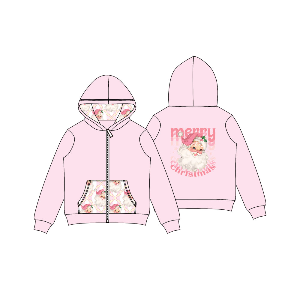 (Pre-order)GT1143 Santa Pink Print Girls Christmas Hoodie Zipper Jackets Top
