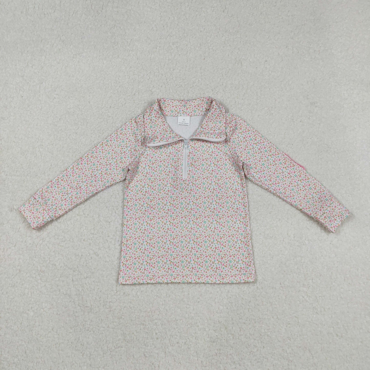 GT1145 Small Flowers Pink Print Girls Zipper Pullover Top