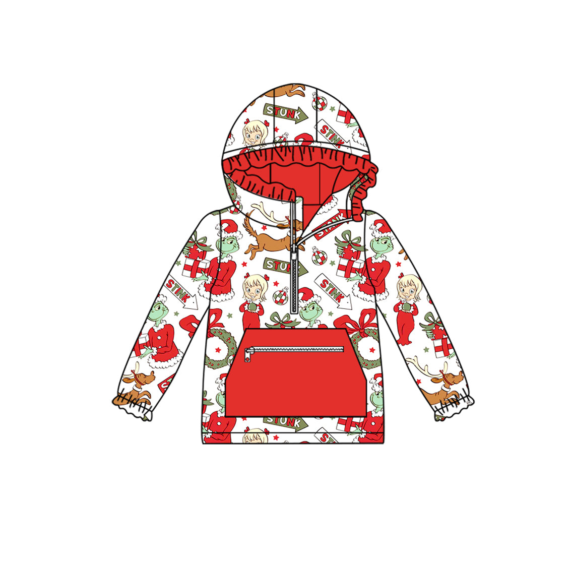 (Pre-order)GT1146 Green Frog Holly Print Girls Christmas Hoodie Zipper Top