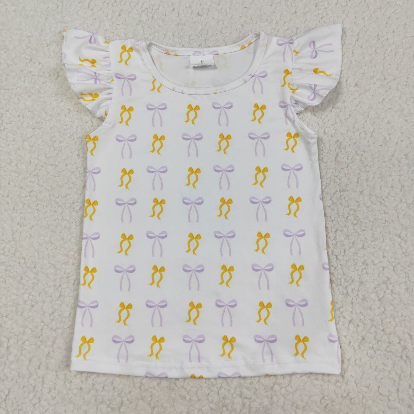 GT1147 Yellow Purple Bows Print Girls Summer Tee Shirts Top