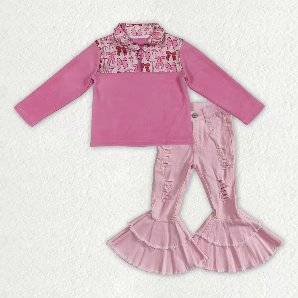 GT1149+P0005 Pink Bows Zipper Thick Pullover Top Hole Denim Bell Jeans Girls Clothes Set
