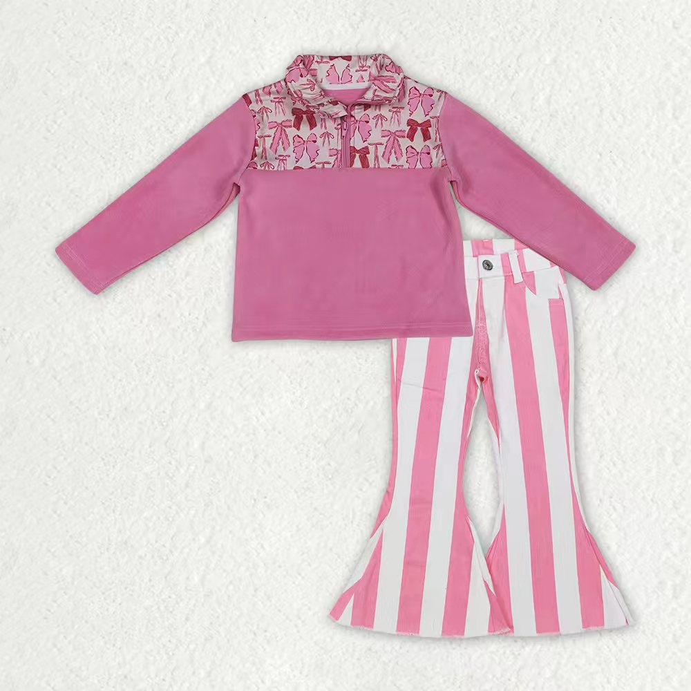 GT1149+P0315 Pink Bows Zipper Thick Pullover Top Stripes Denim Bell Jeans Girls Clothes Set